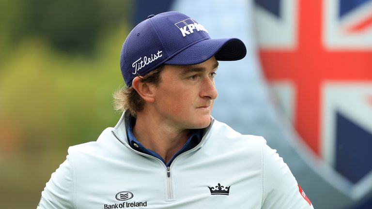 Paul Dunne of Ireland looks on on the 5th tee during day four of the British Masters at Close House Golf Club 