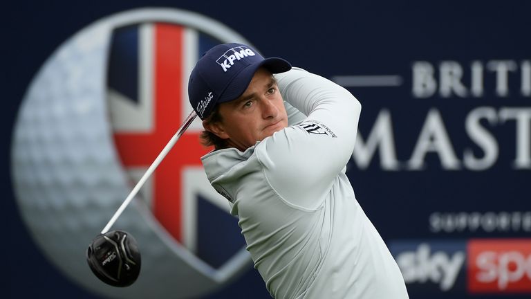 NEWCASTLE UPON TYNE, ENGLAND - OCTOBER 01:  Paul Dunne of Ireland hits his tee shot on the 1st hole during day four of the British Masters at Close House G