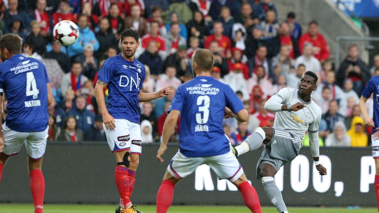 OSLO, NORWAY - JULY 30: Paul Pogba of Manchester United in action against Valerenga today at Ullevaal Stadion on July 30, 2017 in Oslo, Norway.