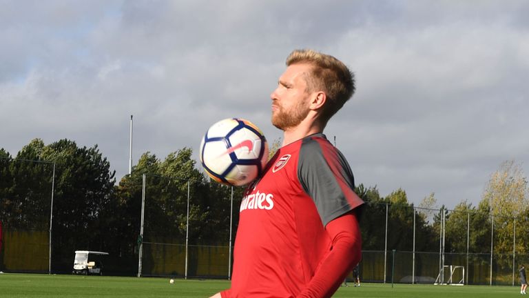 ST ALBANS, ENGLAND - OCTOBER 21: Per Mertesacker of Arsenal during a training session at London Colney on October 21, 2017 in St Albans, England. 