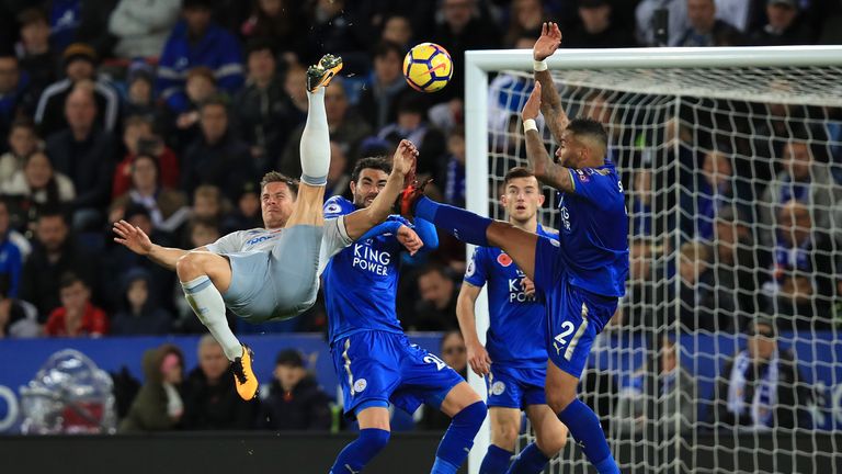 Everton's Phil Jagielka attempts an overhead kick during the Premier League match at the King Power Stadium, Leicester