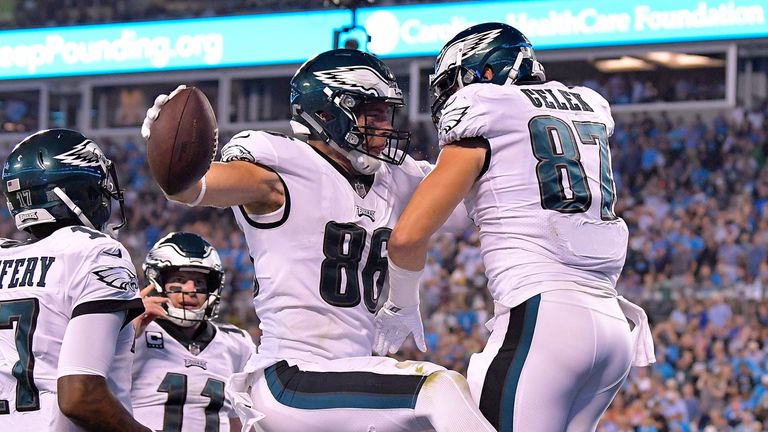 CHARLOTTE, NC - OCTOBER 12:  Zach Ertz #86 of the Philadelphia Eagles celebrates after scoring a touchdown against the Carolina Panthers during their game 