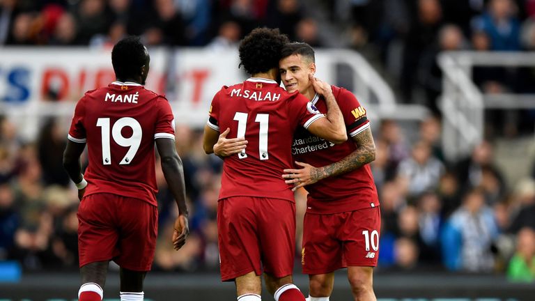 Philippe Coutinho celebrates with Mohamed Salah after giving Liverpool the lead at St James Park