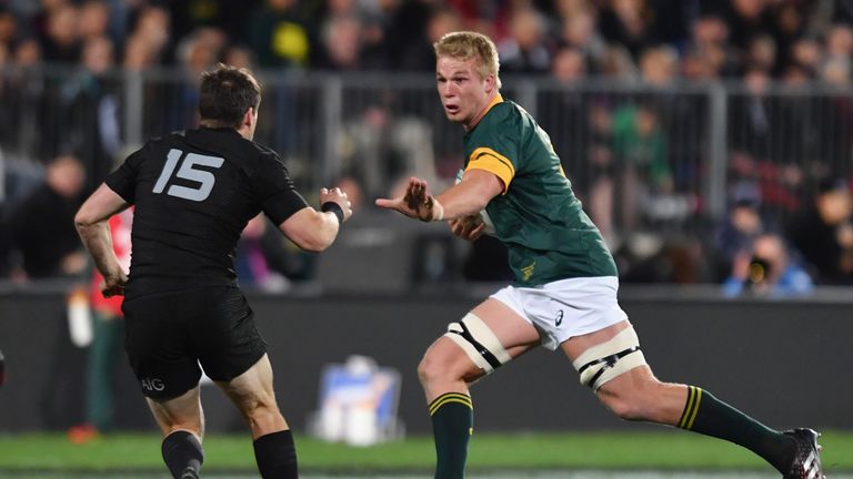 Pieter-Steph du Toit of the Springboks charges forward against New Zealand