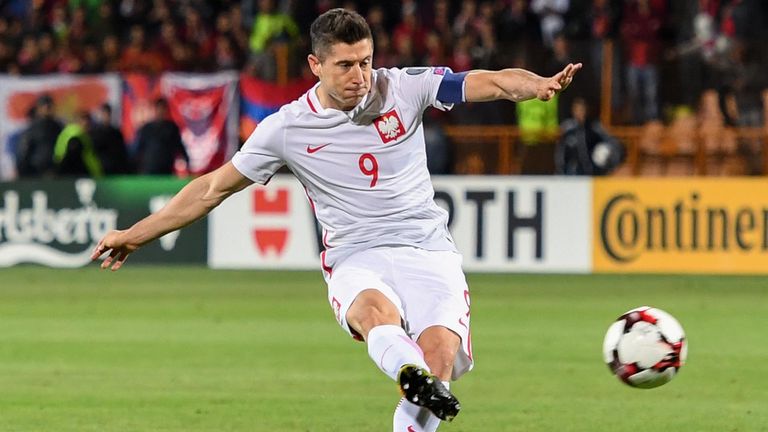 Poland's forward Robert Lewandowski shoots during the FIFA World Cup 2018 qualification football match between Armenia and Poland in Yerevan,