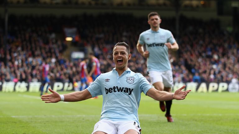 Javier Hernandez drops to his knees in celebration after scoring West Ham's first goal at Selhurst Park