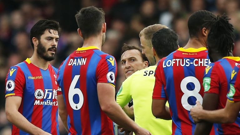 Mark Noble confronts Crystal Palace players at the final whistle at Selhurst Park