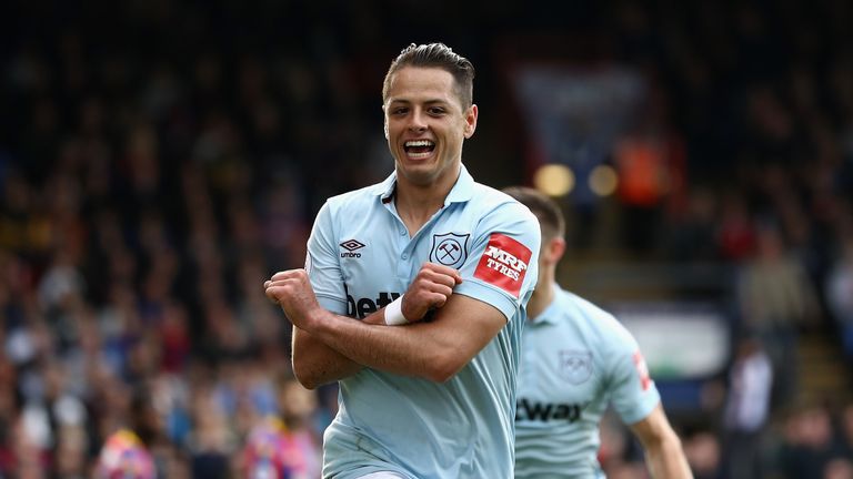 Javier Hernandez celebrates scoring West Ham's first goal during the Premier League match between Crystal Palace