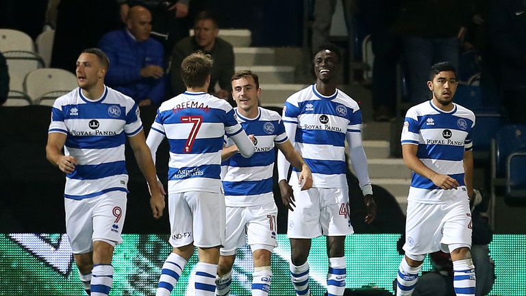 Queens Park Rangers' Idrissa Sylla celebrates scoring his side's first goal of the game with team-mates during the game v Sheffield United at Loftus Road