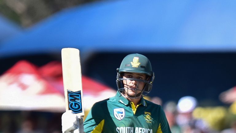 South Africa's Quinton de Kock reacts during the first One Day International (ODI) cricket match between South Africa and Bangladesh in Kimberley, South Af