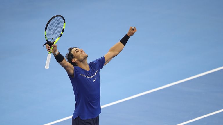 BEIJING, CHINA - OCTOBER 07:  Rafael Nadal of Spain celebrates after winning the Men's Singles Semifinals match against Grigor Dimitrov of Bulgaria on day 