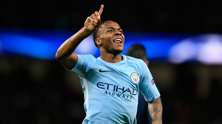 Raheem Sterling celebrates Manchester City's first goal against Napoli