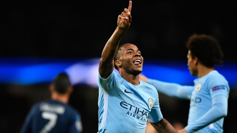 MANCHESTER, ENGLAND - OCTOBER 17:  Raheem Sterling of Manchester City celebrates after scoring his sides first goal during the UEFA Champions League group 