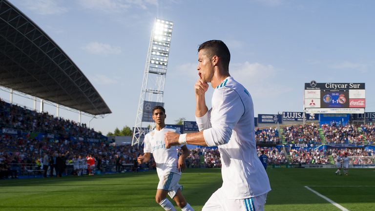 Cristiano Ronaldo celebrates scoring Real Madrid's second goal against Getafe 