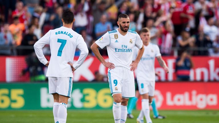 GIRONA, SPAIN - OCTOBER 29: Karim Benzema and Cristiano Ronaldo of Real Madrid CF react after Cristian 'Portu' of Girona FC scored his team's second goal d