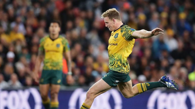  Reece Hodge of the Wallabies kicks a long range penalty 
