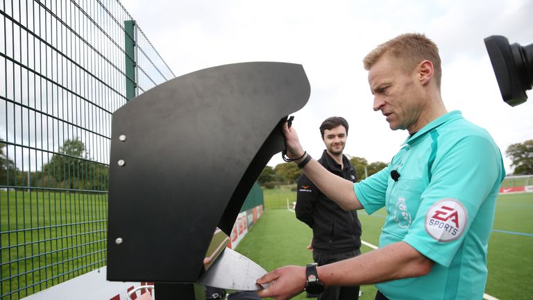 BURTON-UPON-TRENT, ENGLAND - [DATE]: General images during Premier League VAR training at St Georges Park on October 10, 2017 in Burton-upon-Trent, England