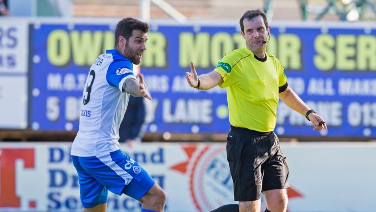 Richard Foster remonstrates with referee Alan Muir after the penalty award