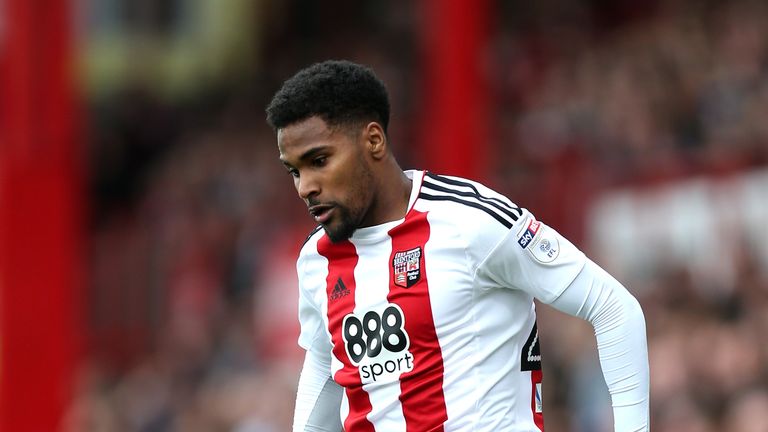 BRENTFORD, ENGLAND - APRIL 14: Rico Henry of Brentford controlls the ball during the Sky Bet Championship match between Brentford and Derby County at Griff