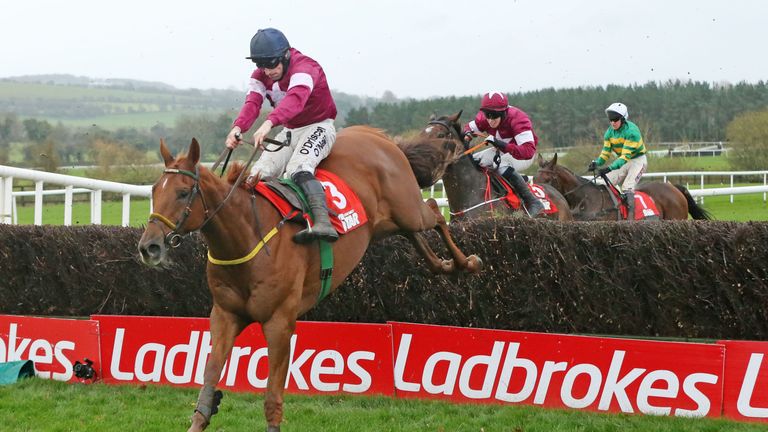 Road To Respect  ridden by Sean Flanagan jumps the last to win The Irish Daily Star Steeplechase at Punchestown Racecourse