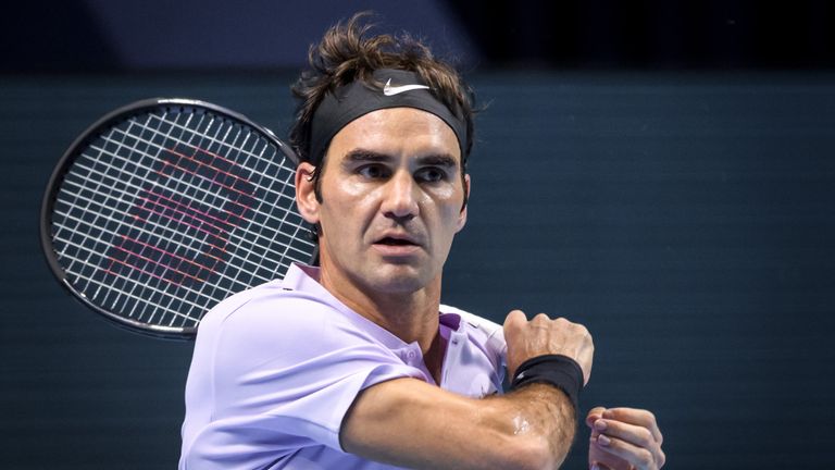 Switzerland's Roger Federer looks on during his final tennis match against Argentina's Juan Martin Del Potro at the Swiss Indoors ATP 500 tennis tournament