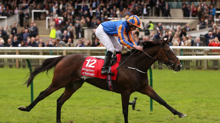Roly Poly ridden by Ryan Moore wins The Kingdom Of Bahrain Sun Chariot Stakes at Newmarket Racecourse. 