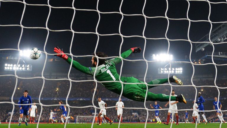 LONDON, ENGLAND - OCTOBER 18:  Alisson Becker of AS Roma dives but fails to stop David Luiz of Chelsea (obscure) shot from going in for Chelsea first goal 