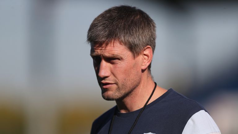 Ronan O'Gara looks on as Racing 92 warm up for their Champions Cup clash 