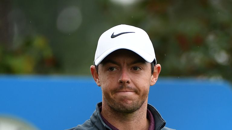 Rory McIlroy walks off the 1st tee during day four of the British Masters at Close House Golf Club on October 1