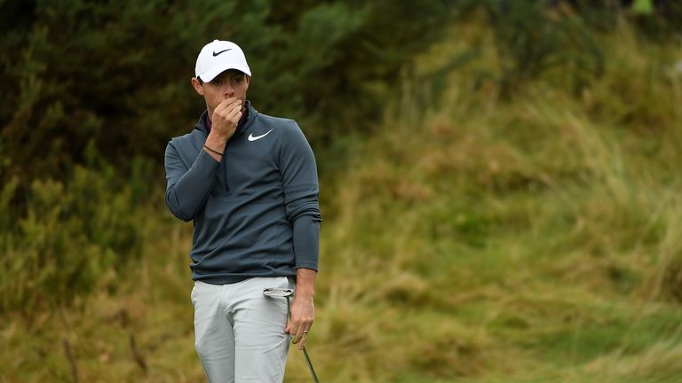 Rory McIlroy of Northern Ireland reacts after his second shot on the 5th hole during day four of the British Masters