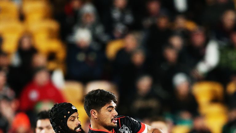 James Bell is lifted in the tackle against Cronulla