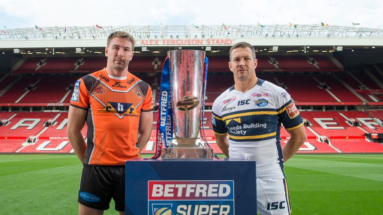 Captains Michael Shenton and Danny McGuire with the Betfred Super League Trophy