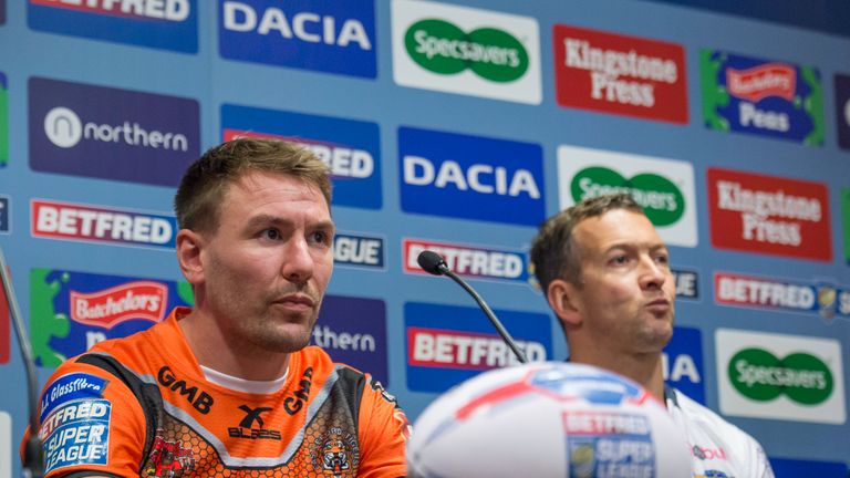 Michael Shenton and Leeds Rhinos captain Danny McGuire at the Super League Grand Final press conference