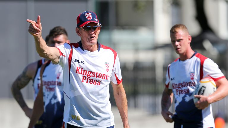 England head coach Wayne Bennett calls the shots during a training session