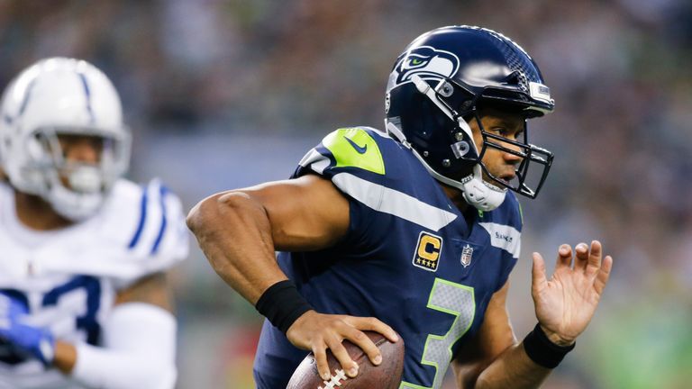 SEATTLE, WA - OCTOBER 01: Quarterback Russell Wilson #3 of the Seattle Seahawks rushes against the Indianapolis Colts at CenturyLink Field on October 1, 20