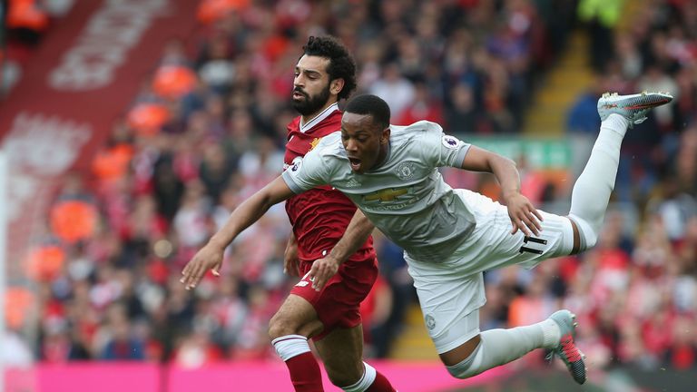 during the Premier League match between Liverpool and Manchester United at Anfield on October 14, 2017 in Liverpool, England.