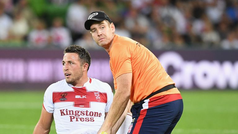 OCTOBER 27 2017:  Samuel Burgess of England is attended to by the trainer during the 2017 Rugby League World Cup match between Australia and England