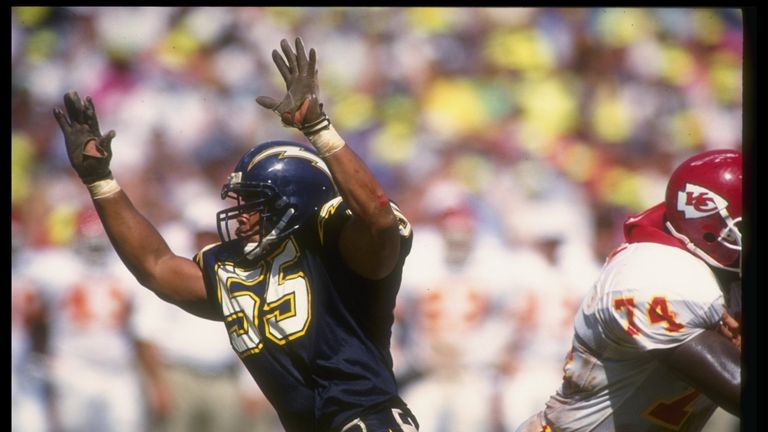 6 Sep 1992:  Linebacker Junior Seau of the San Diego Chargers rushes the Kansas City Chiefs quarterback during a game at Jack Murphy Stadium in San Diego, 