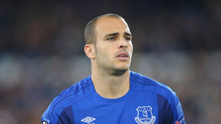 LIVERPOOL, ENGLAND - SEPTEMBER 28:  Sandro Ramirez of Everton FC lines up prior to the UEFA Europa League group E match between Everton FC and Apollon Lima