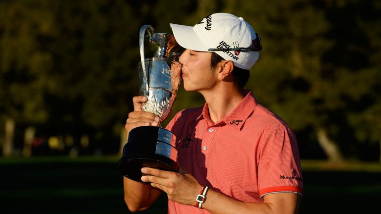 NAPA, CA - OCTOBER 12:  Sang-Moon Bae of South Korea kisses the champions trophy after winning the Frys.com Open at Silverado Resort and Spa on October 12,