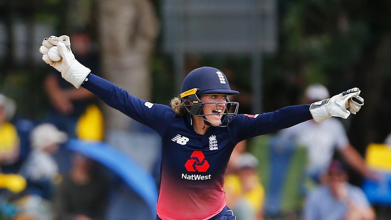BRISBANE, AUSTRALIA - OCTOBER 22:  England's Sarah Taylor celebrates after running out Australia's Elyse Villani  during the Women's One Day International 