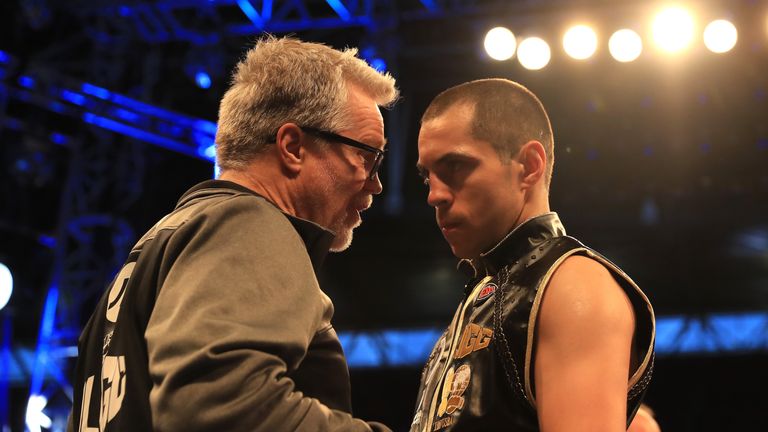 LONDON, ENGLAND - APRIL 29:  Trainer, Freddie Roach and boxer, Scott Quigg prepare for his fight against Viorel Simion during the IBF Featherweight bout at