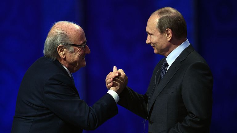  Sepp Blatter shakes hands with Vladimir Putin, President of Russia.