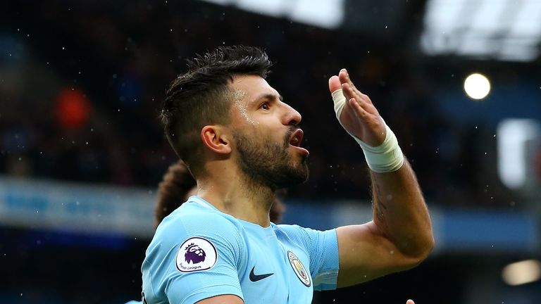 Sergio Aguero celebrates as he scores against Burnley