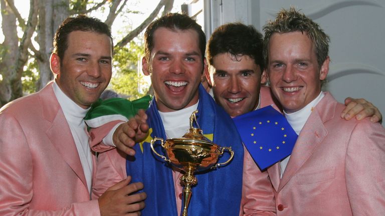 KILDARE, IRELAND - SEPTEMBER 24:  (L-R) Sergio Garcia, Paul Casey, Padraig Harrington and Luke Donald of Europe pose with The Ryder Cup Trophy after Europe