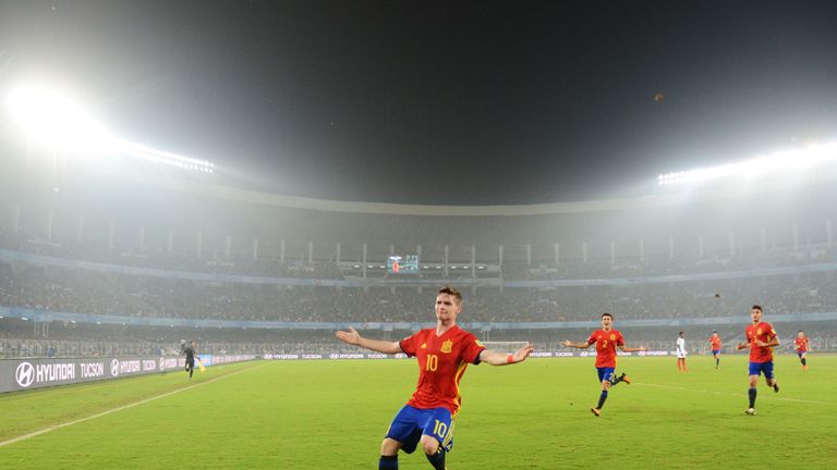 Serio Gomez of Spain celebrates after scoring a goal against England during their final FIFA U-17 World Cup football match at the Vivekananda Yuba Bharati 