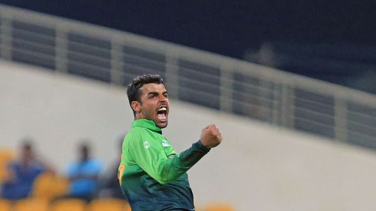 Pakistan's Shadab Khan celebrates after dismissing Sri Lanka's Milinda Siriwardana during the second one day international (ODI) cricket match between Sri 