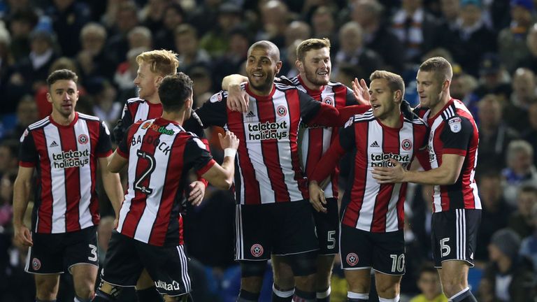 Sheffield United's Billy Sharp (second right) celebrates with team-mates