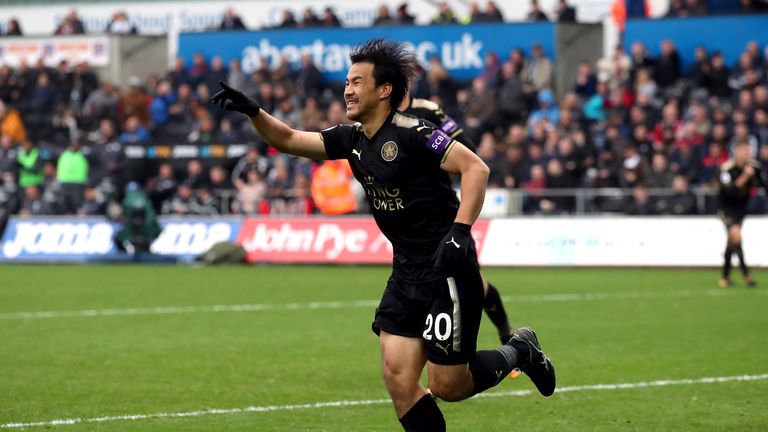 Leicester City's Shinji Okazaki celebrates scoring his side's second goal of the game during the Premier League match at the Liberty Stadium, Swansea.