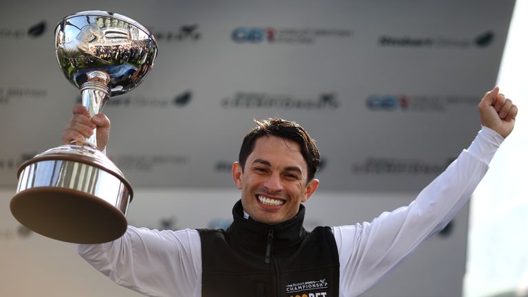 Silvestre de Sousa celebrates being crowned champion flat jockey of the season at Ascot